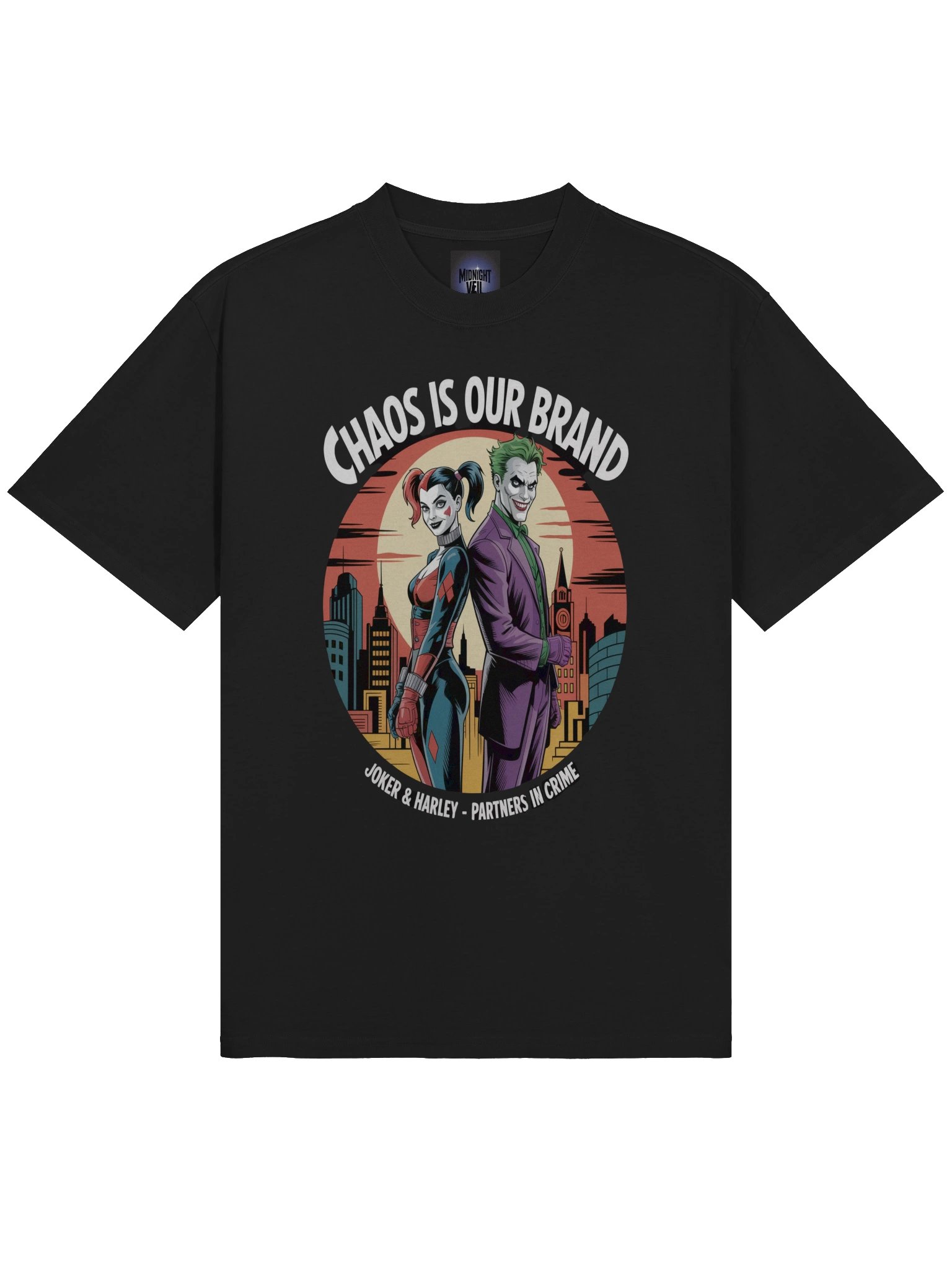 Chaos is Our Brand: Joker & Harley Gotham Twilight Partners Oversized Faded Unisex T-Shirt product image (5)