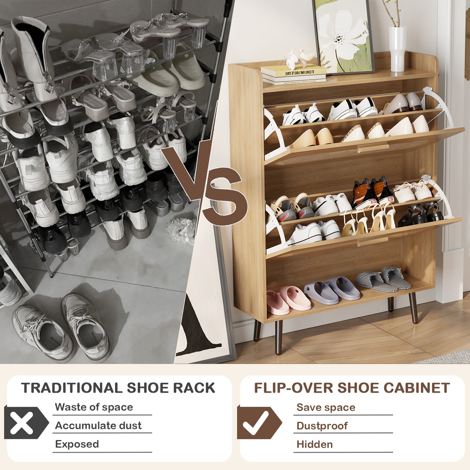 Shoe Cabinet with Natural Rattan Flip Drawers for Entryway Free Standing Slim Shoe Storage Organizer with 2 Flip Drawers Natural product image (7)