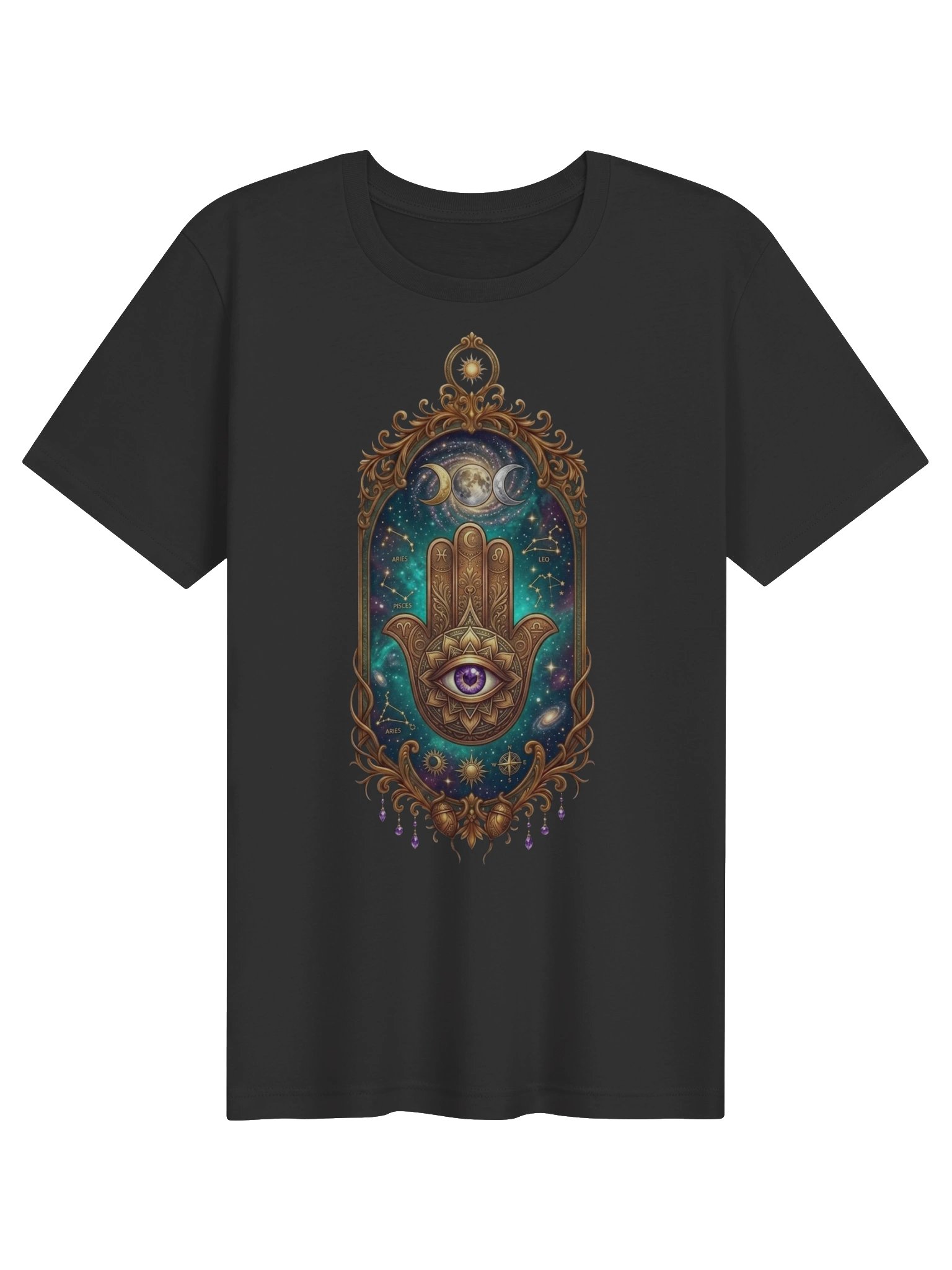 Mystical Zodiac Hamsa – Cosmic Constellation Mirror & Sacred Eye Talisman tee product image (2)