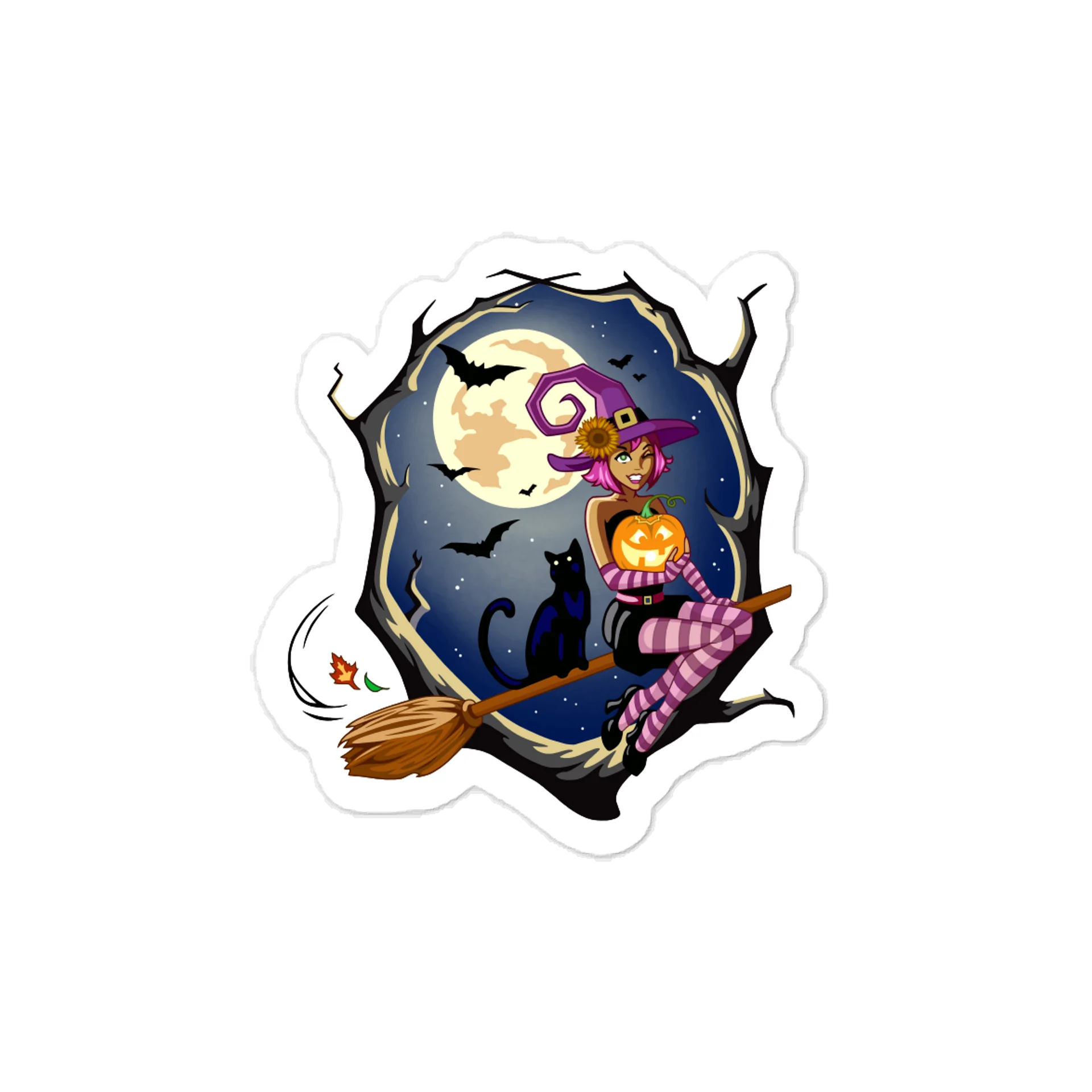Whimsical Halloween Witch Vinyl Decal – Sunflower Hat Cartoon Kiss-Cut Sticker product image (1)