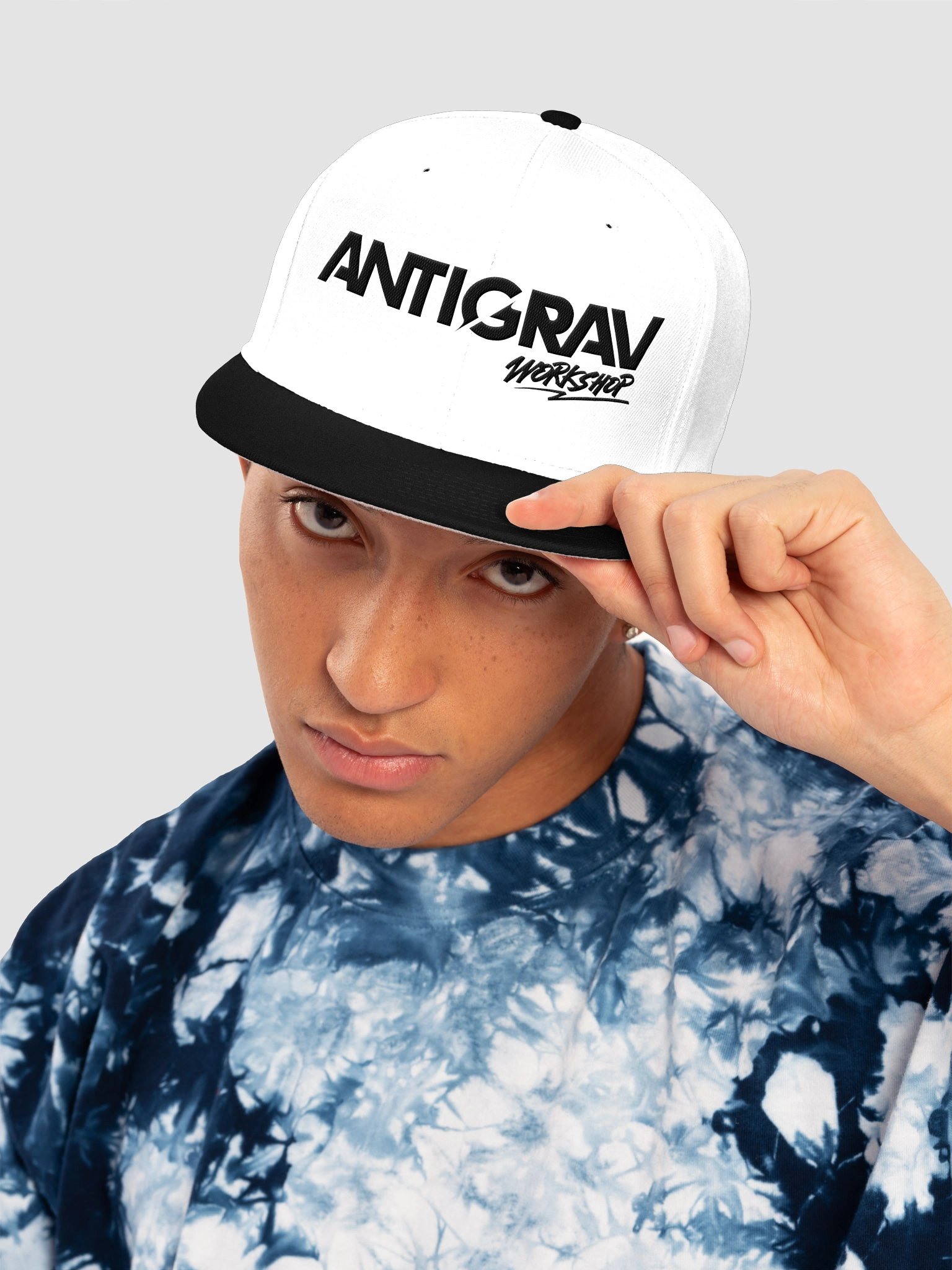 Antigrav Workshop Snapback Hat | Embroidered Wool Blend Flat Bill Cap | White/Black product image (3)