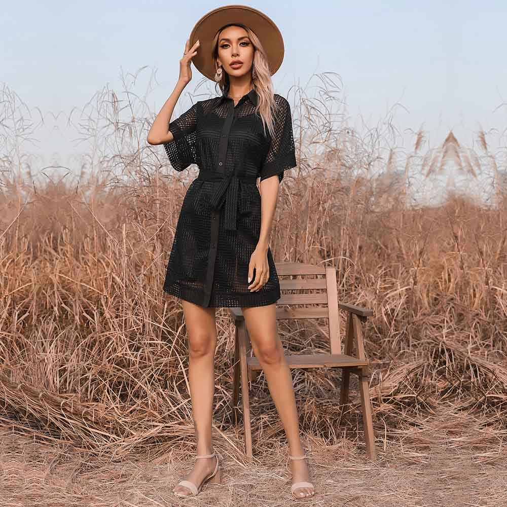 Women's Black Mesh Sheer Dress Lapel Short Sleeves Skirt Suit product image (3)
