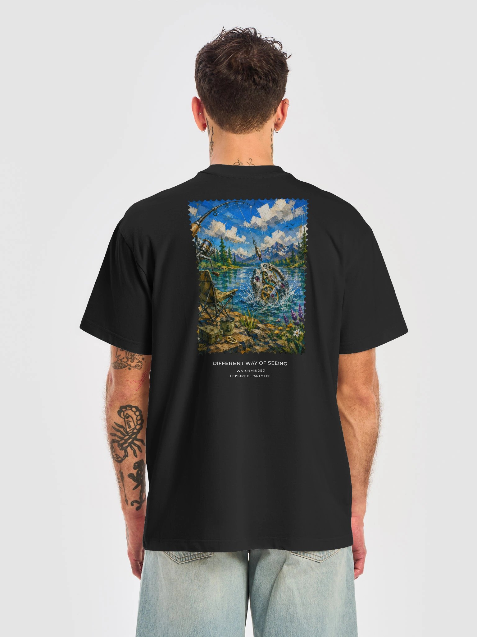 Relaxed Fit Heavy Cotton "Clockwork Fishing" T-Shirt, Black product image (1)