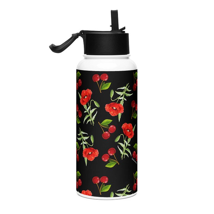 Poppies and Cherries Red and Black - Stainless Steel Water Bottle product image (1)