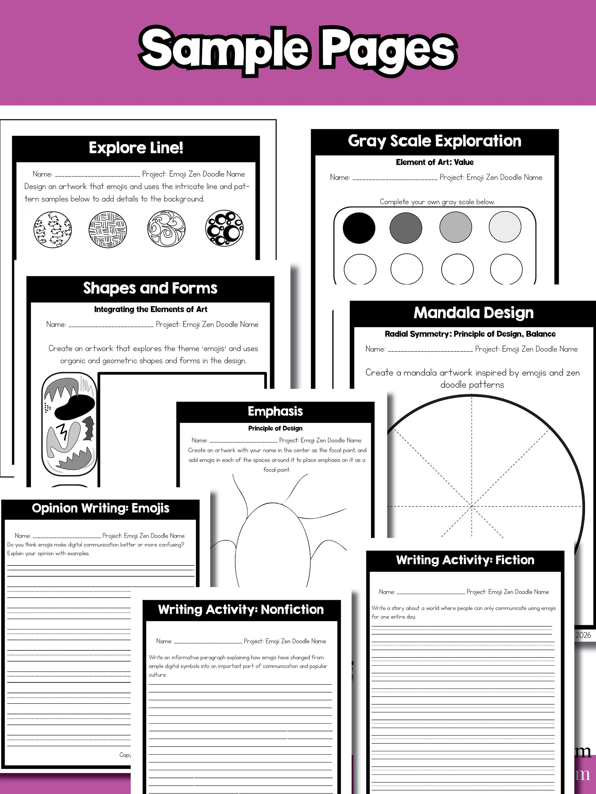 5th Grade Name Art Grade 5 Emoji Art Project Zen Doodle Line Art Back to School product image (10)