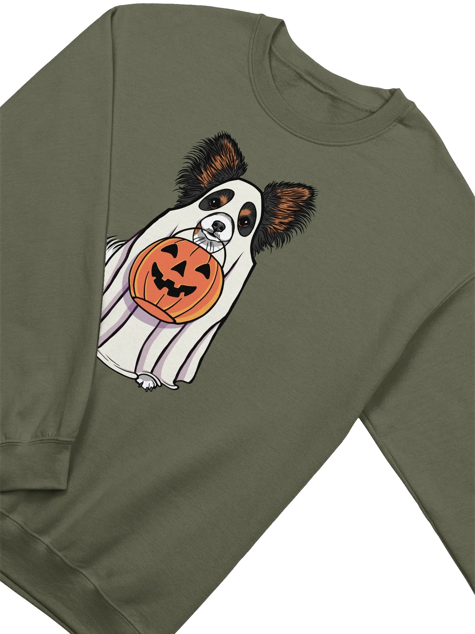 Funny Halloween Papillon(Tricolor) Sweatshirt | Funny Papillon Wearing a Ghost Costume and Holding a Pumpkin Basket product image (4)