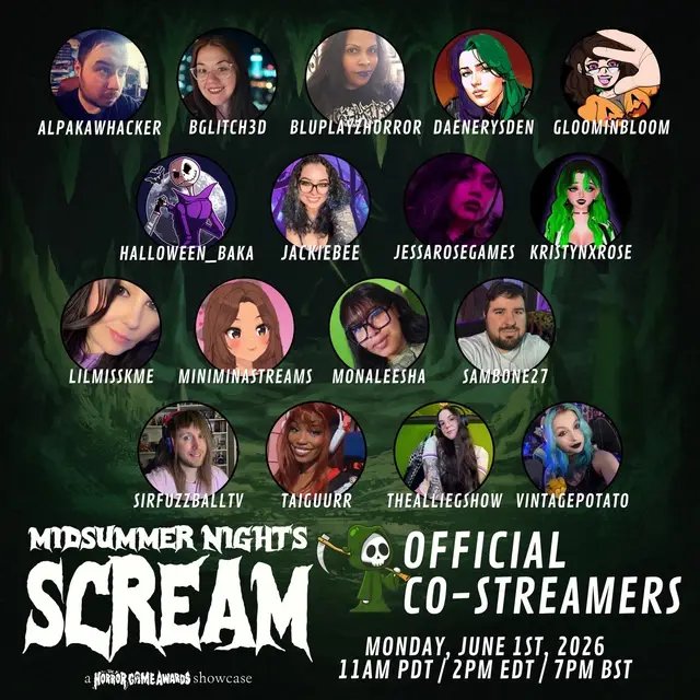 TOMORROW many of our Crypties will be co-streaming @The Horror Game Awards Midsummer Nights Scream SHOWCASE!! 😈 This is such a fun way to celebrate indie horror games and check out what indie horror games are preparing to launch this year and next. 👻 Stop by any of these incredible horror streamers Twitch channels and meet a new Cryptie!! The show starts at 11am PDT / 2pm EDT / 7pm BST on Monday, June 1st. @AlpakaWhacker - @BGlitch3d - Brit - BluPlayzHorror - @DaenerysDen - @Gloominbloom - @Halloween_Baka - @JackieBee - @Jess - @KRISTYNxROSE | Twitch Streamer - @|| LilMissKME II - @MiniMina - @Fairy Yap Mother 🧚🏽 @Sambone27 Gaming - @sirfuzzballtv - @taiga - @The Allie G Show - @𝔳𝔦𝔫𝔱𝔞𝔤𝔢𝔭𝔬𝔱𝔞𝔱𝔬🦇 