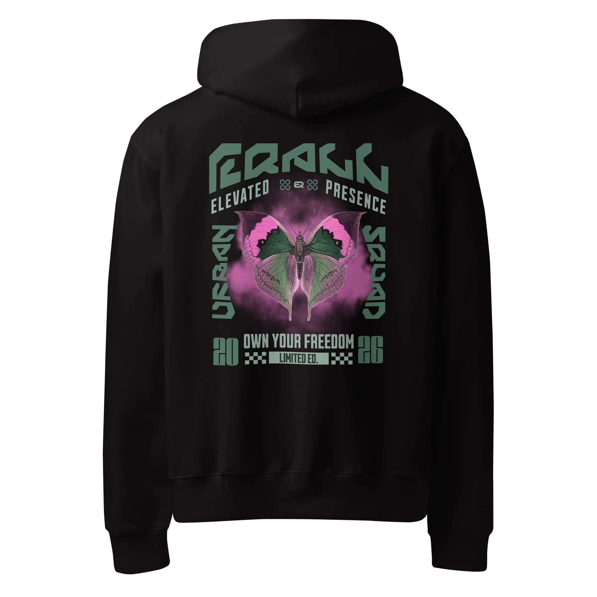 Urban Butterfly Unisex Bella Champ Butterfly Hoodie R3CVR.i by EQALL® Originals_Green / Cyclamen product image (1)