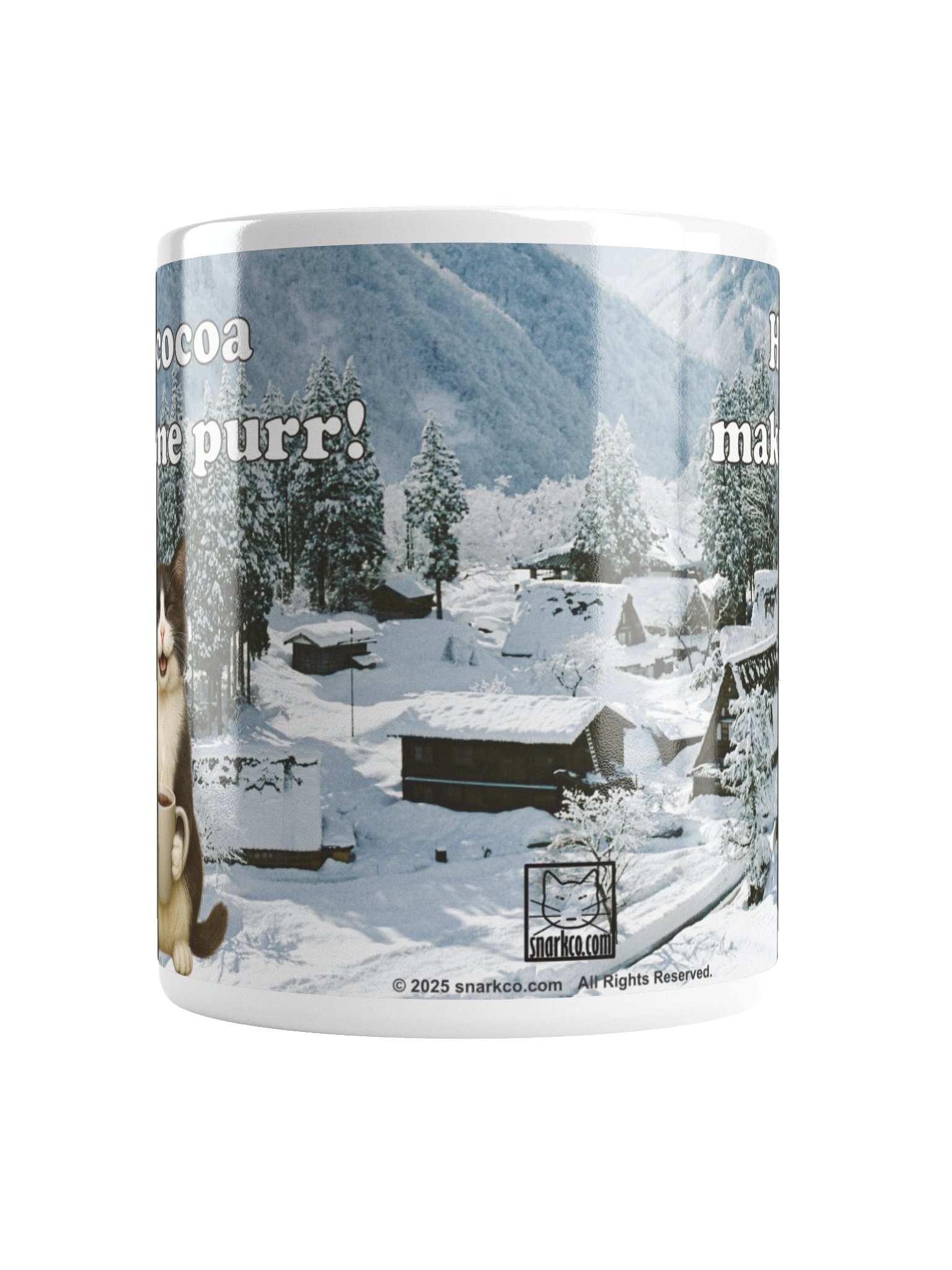 Funny mug: "Hot cocoa makes me purr!" with adorable cat image holding mug. product image (18)