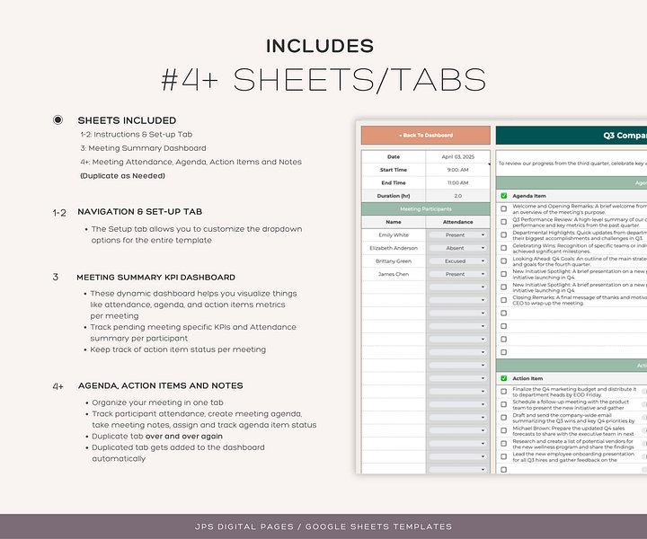 Multiple Meeting + KPI Dashboard - Meeting Notes, Agenda, Action Items, and Dashboard, Notes (Google Sheets Template) product image (2)