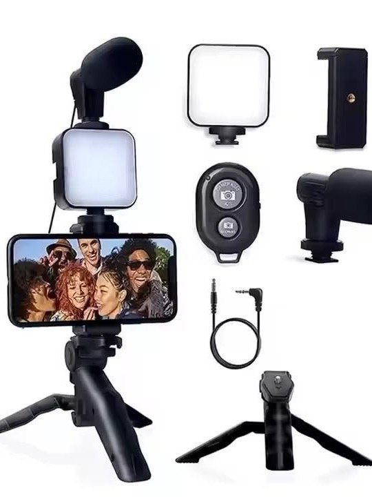 TikTok Vlogging Creator Kit, Rechargeable LED Selfie Light with 360-Rotation Mobile Tripod, Automatic Facial Tracking Cellphone Holder, Wireless Microphone, Remote Control, Stabilizer, Grip, Portable product image (1)