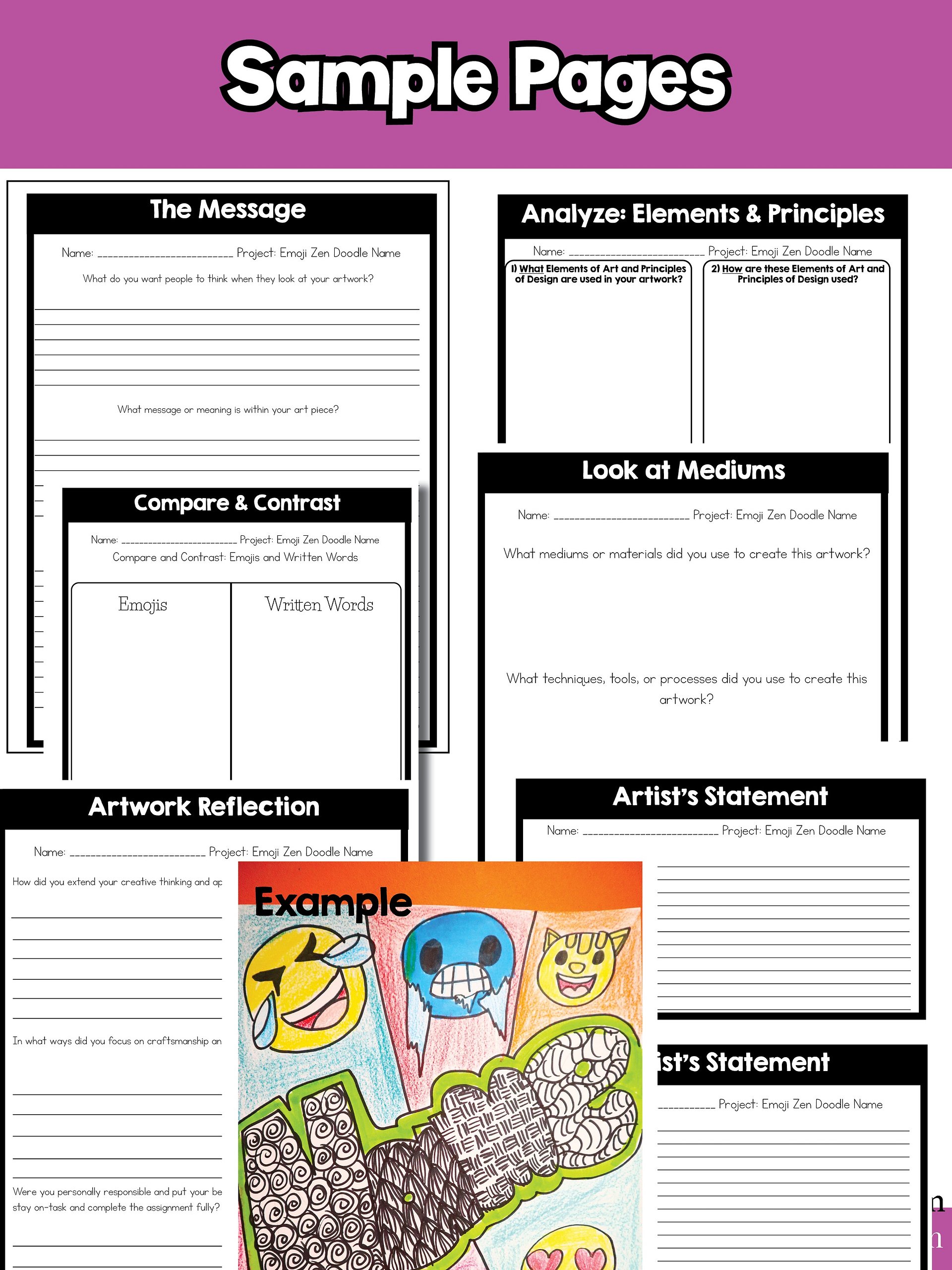 5th Grade Name Art Grade 5 Emoji Art Project Zen Doodle Line Art Back to School product image (11)