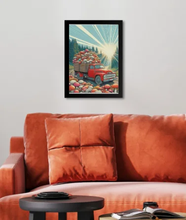 Vintage Red Truck with Mushrooms - Enchanting Forest Art Print product image (1)