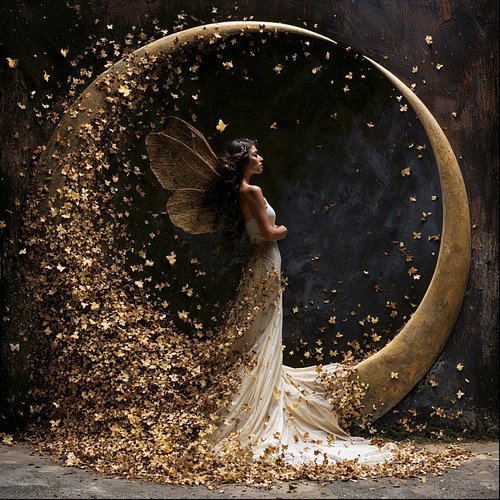 She dances with the moon. Her wings catch the gold of a thousand butterflies—each one a wish, each one a prayer taking flight...
