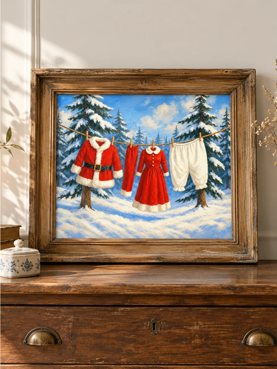 Santa Clothesline Christmas Laundry Room Art, Funny Holiday Print, Whimsical Winter Poster, Snow Covered Forest Scene, Printable Wall Decor product image (3)