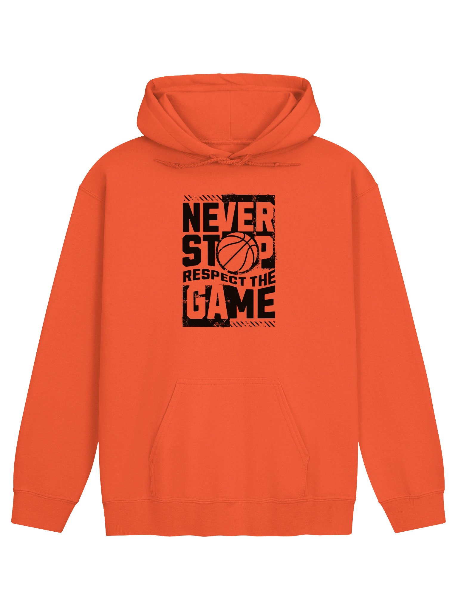 "Never Stop – Respect the Game" Basketball Hoodie – Orange Oversized Graphic Pullover with Distressed Black Print product image (1)