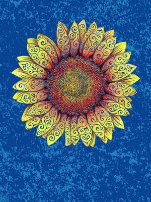 Swirly Sunflower  Like a little Sun full of bloom. This Mixed Media Illustration painted in Watercolor and Ink, captures the warmth and energy of a Sunflower through flowing swirls and vibrant colors. The golden Yellow, Orange, and deep Red  shades pop against the rich Blue Background, creating a sense of movement and Light. A celebration of Nature, Color, and the quiet intensity of Summer. #SunflowerArt #SwirlyArt #WatercolorIllustration #MixedMediaArt #BotanicalArtwork 