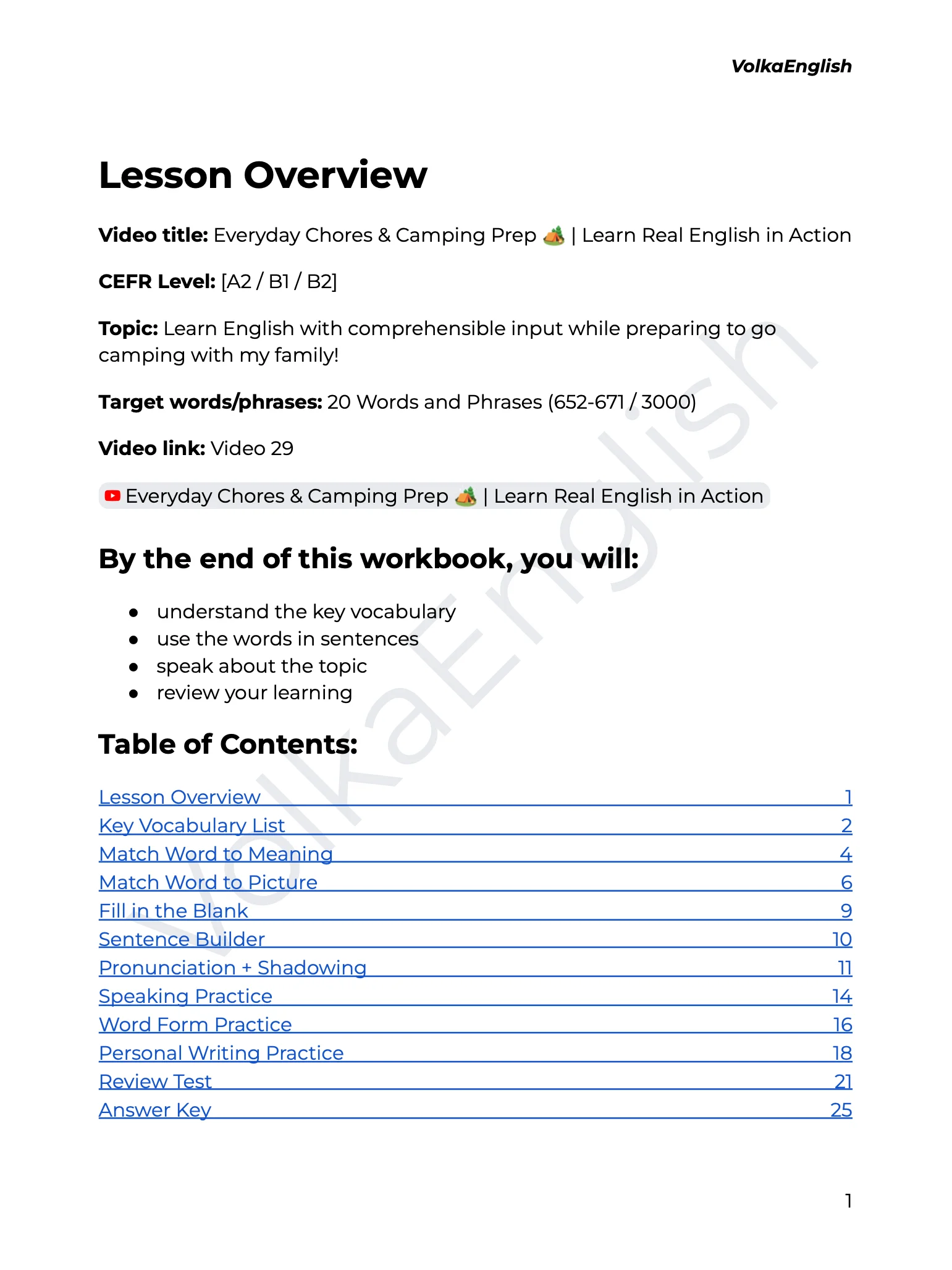 Everyday Chores & Camping Prep 🏕️ | Learn Real English in Action - Video 29 Study Pack product image (2)