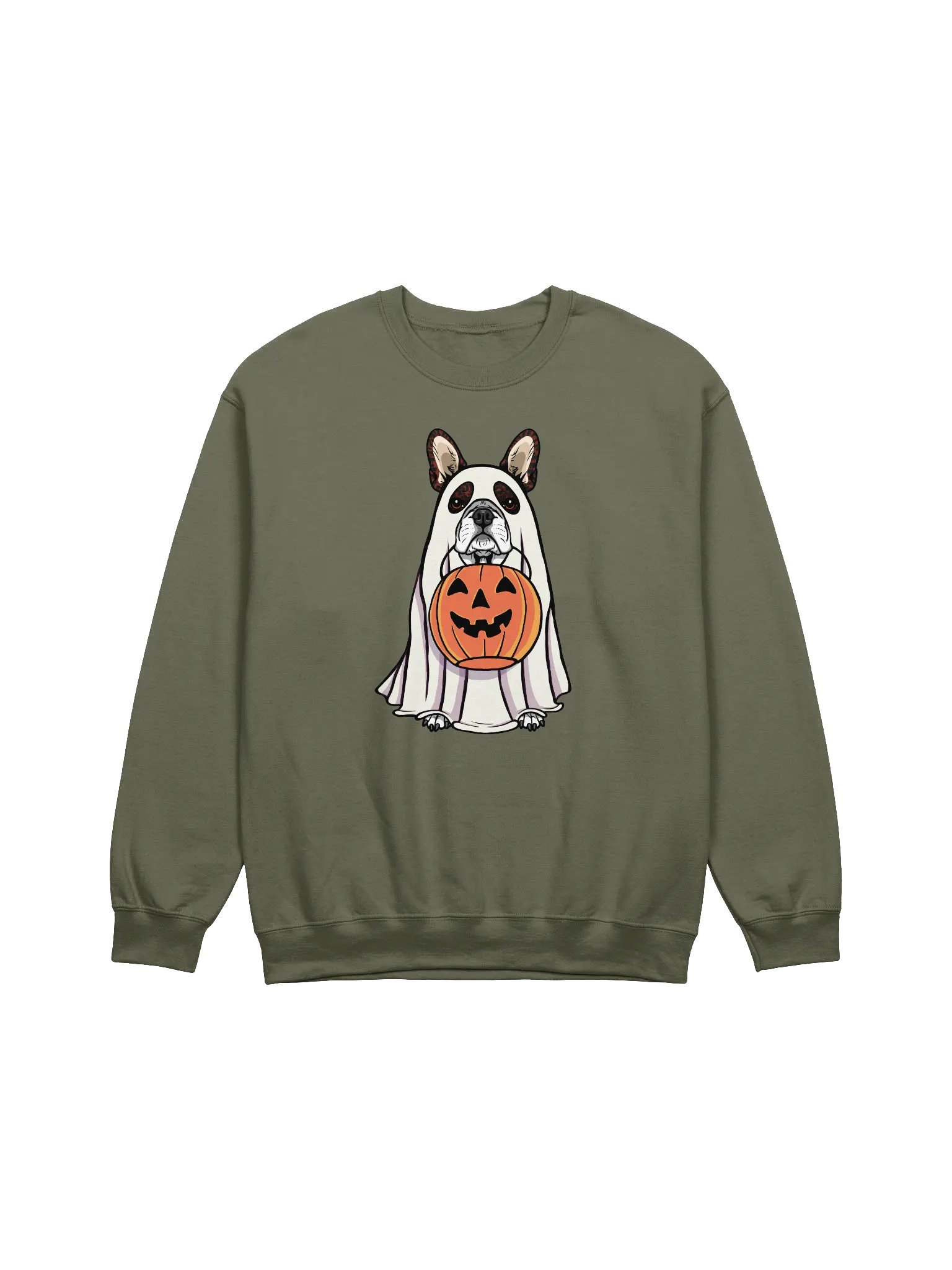 Funny Halloween Boston Terrier(Brindle) Sweatshirt | Funny Boston Terrier Wearing a Ghost Costume and Holding a Pumpkin Basket product image (1)