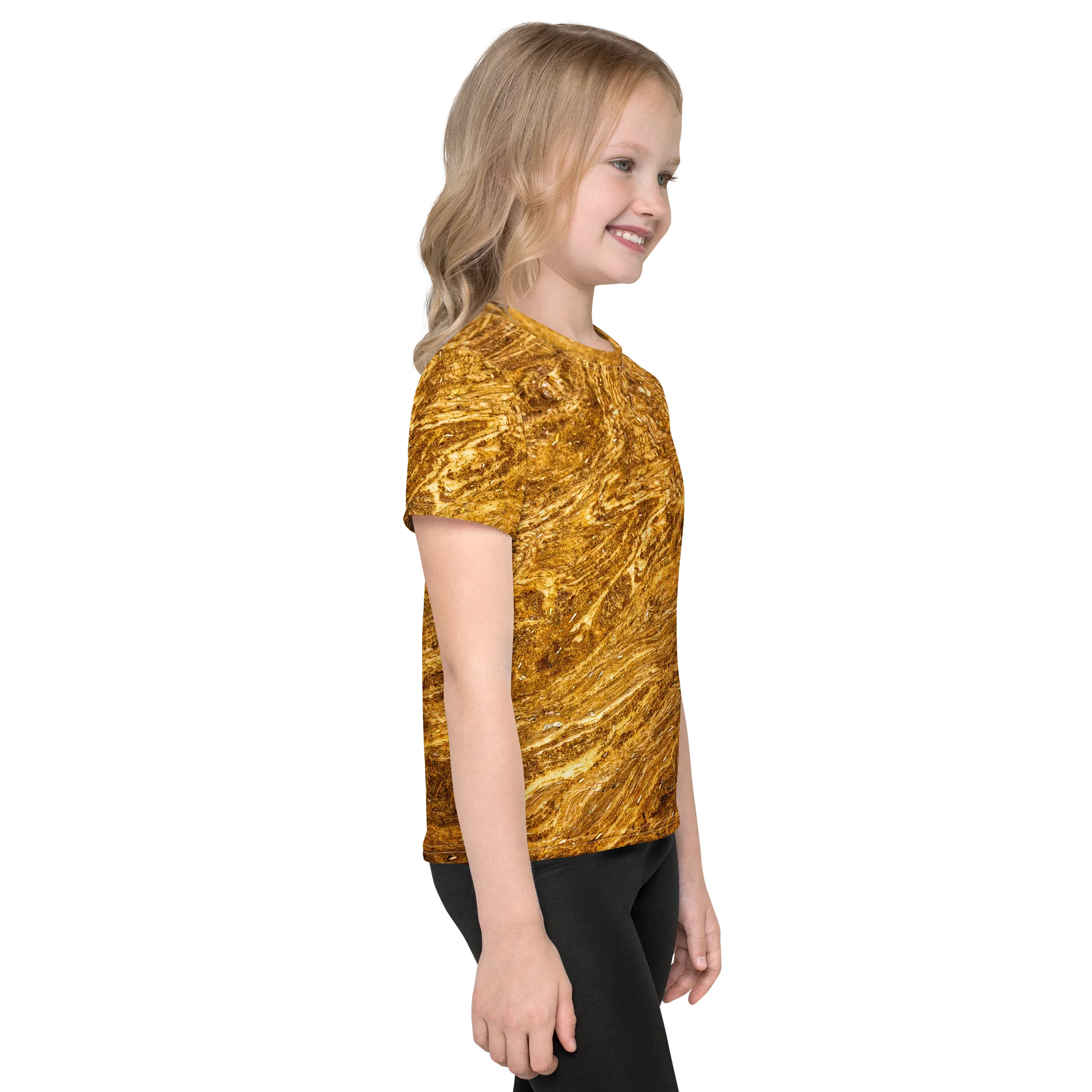 Golden Strata: Earthy Swirl Marble Pattern Kids Crew Neck Tee | Full Print Golden Ochre Toddler Shirt | Everyday Nature Casual Top product image (4)