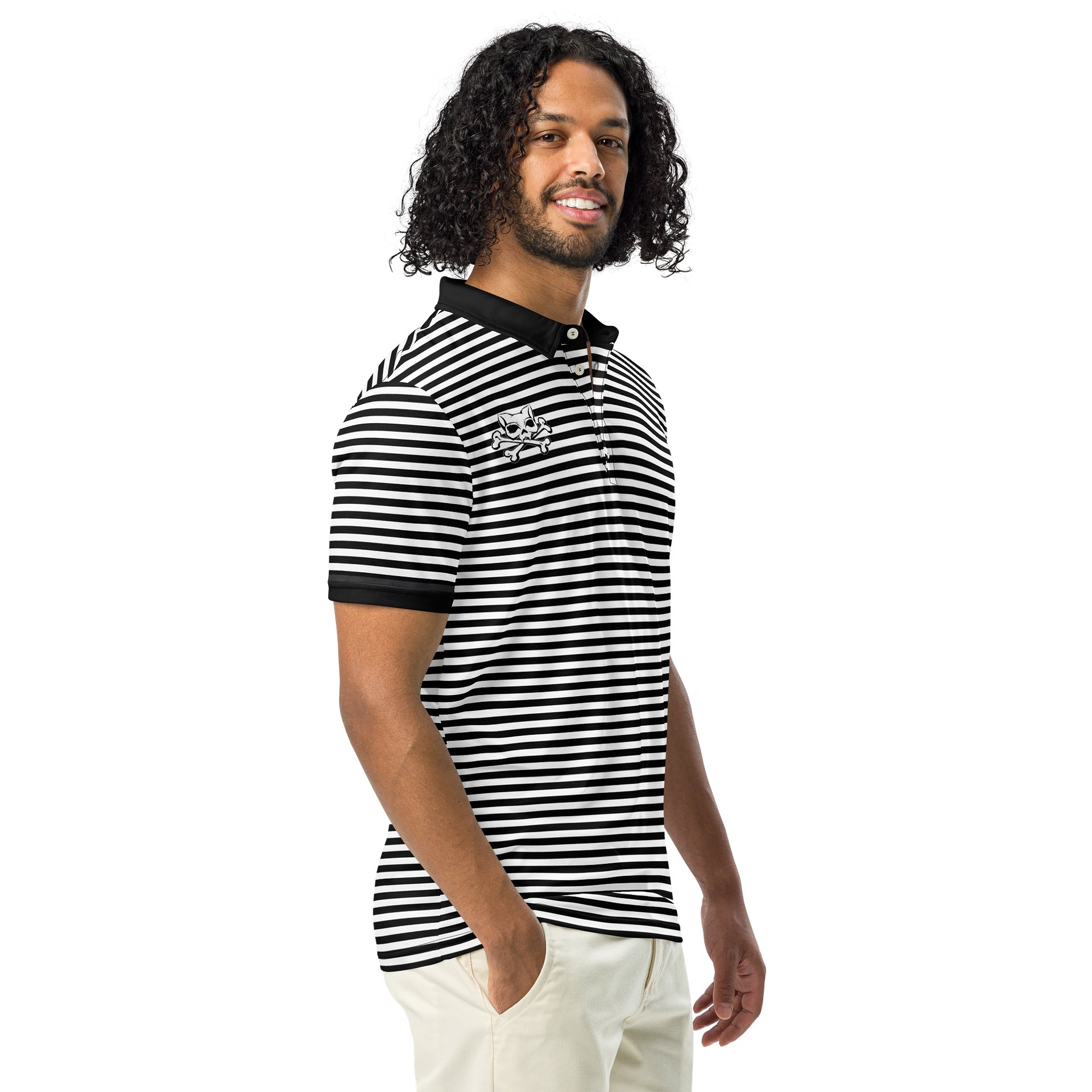 White and Blaque Stripped Kat Skull Polo product image (1)