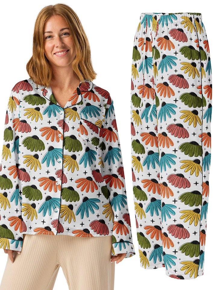Retro Halftone Coneflowers Ladies Long Sleeve Pajamas Set product image (1)