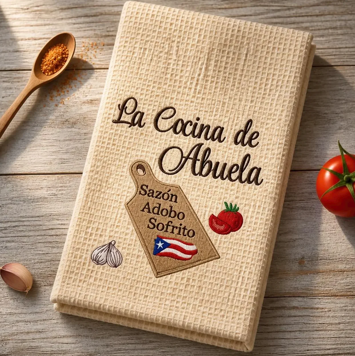 Embroidered Kitchen Towel: PR Flag, La Cocina de Abuela - Gift for Abuela product image (1)