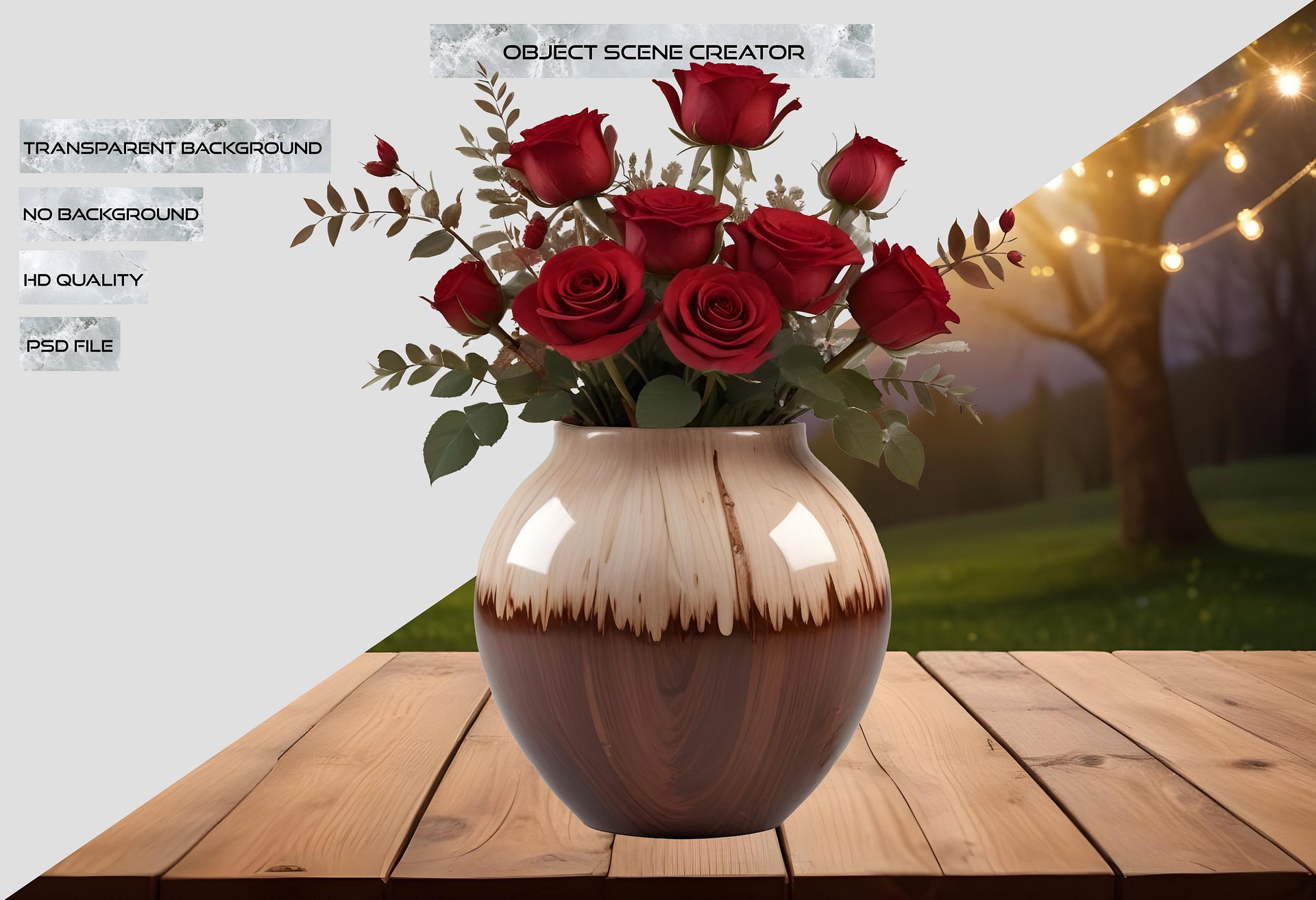 Rich Wooden Gradient Vase with Red Roses PNG product image (2)