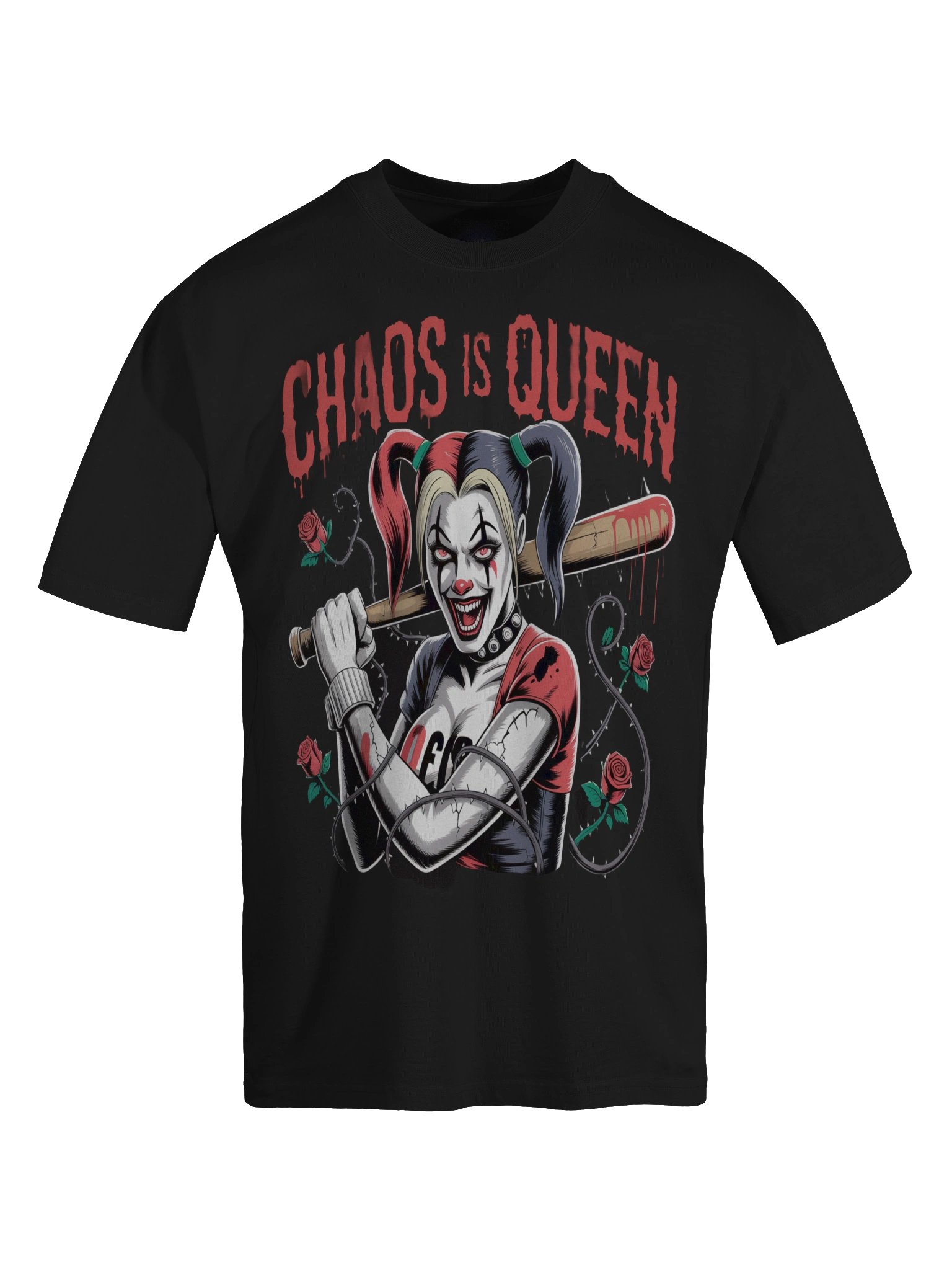 Harley Quinn 'Chaos is Queen' Rose-Thorn Bat Oversized Faded T-Shirt product image (1)