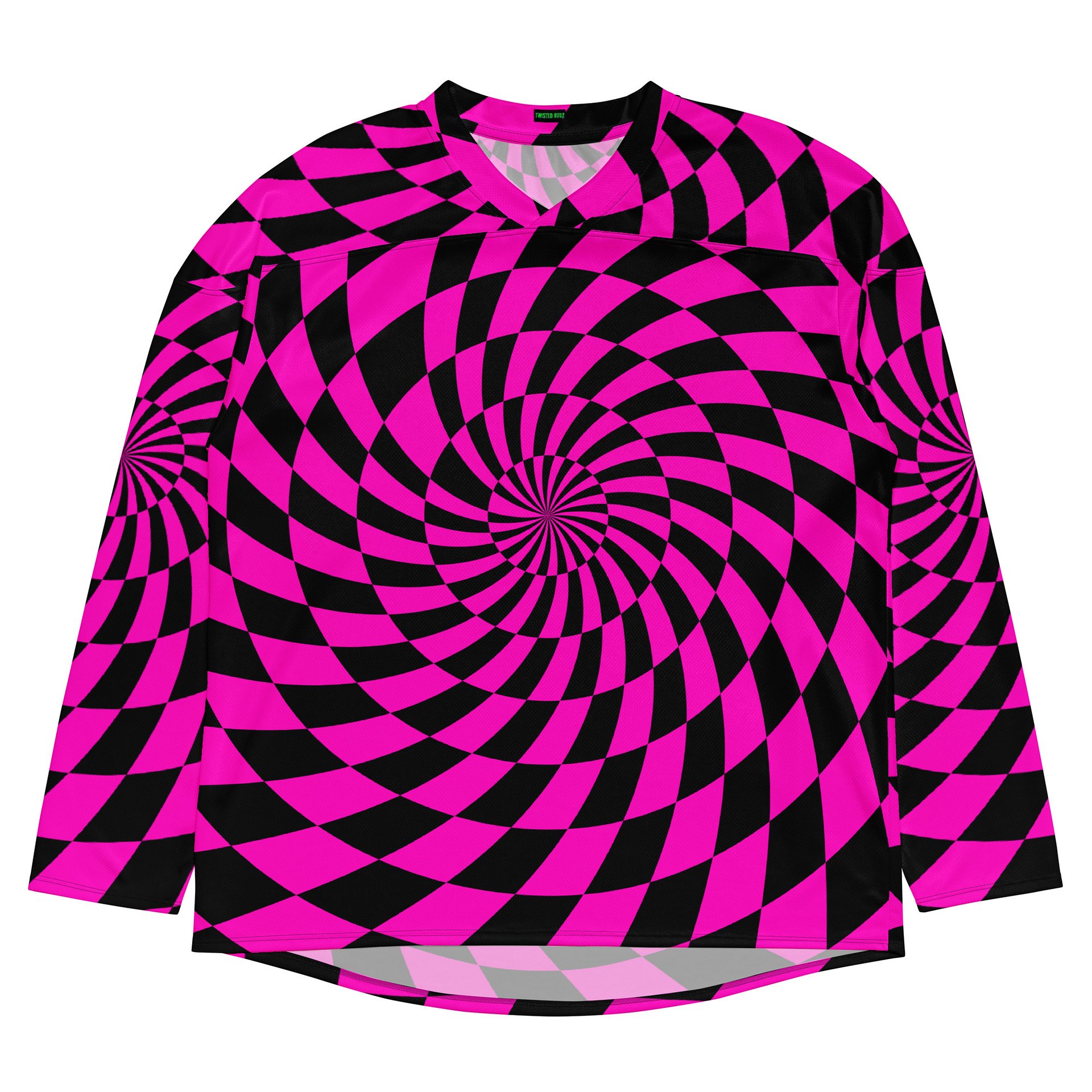Psychedelic Rave EDM Hockey Jersey, Hot Pink Black Checkers Swirl Shirt, Trippy Techno Top Festival Fashion, Comfy Dance Party Clothing product image (1)