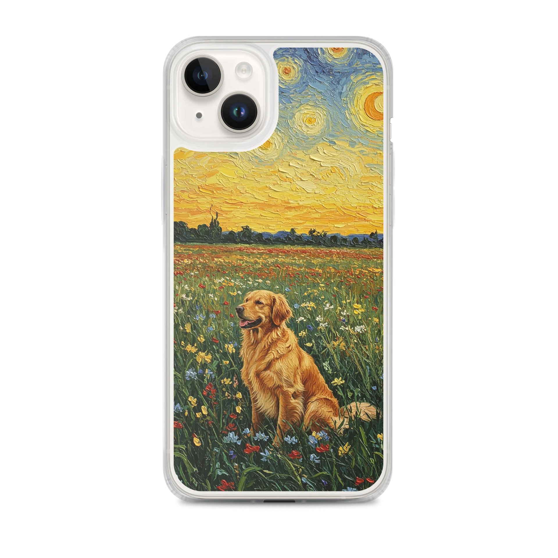 Golden Retriever in Sunset Flower Field Van Gogh Style Art iPhone Clear Case product image (1)