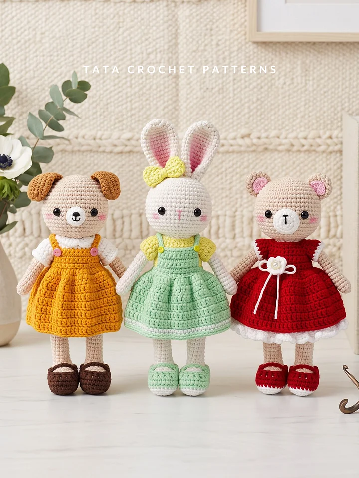 3-in-1 Amigurumi Animal Dolls with Removable Outfits – Crochet Pattern Bundle (Bunny, Bear, Puppy) | Digital PDF product image (1)