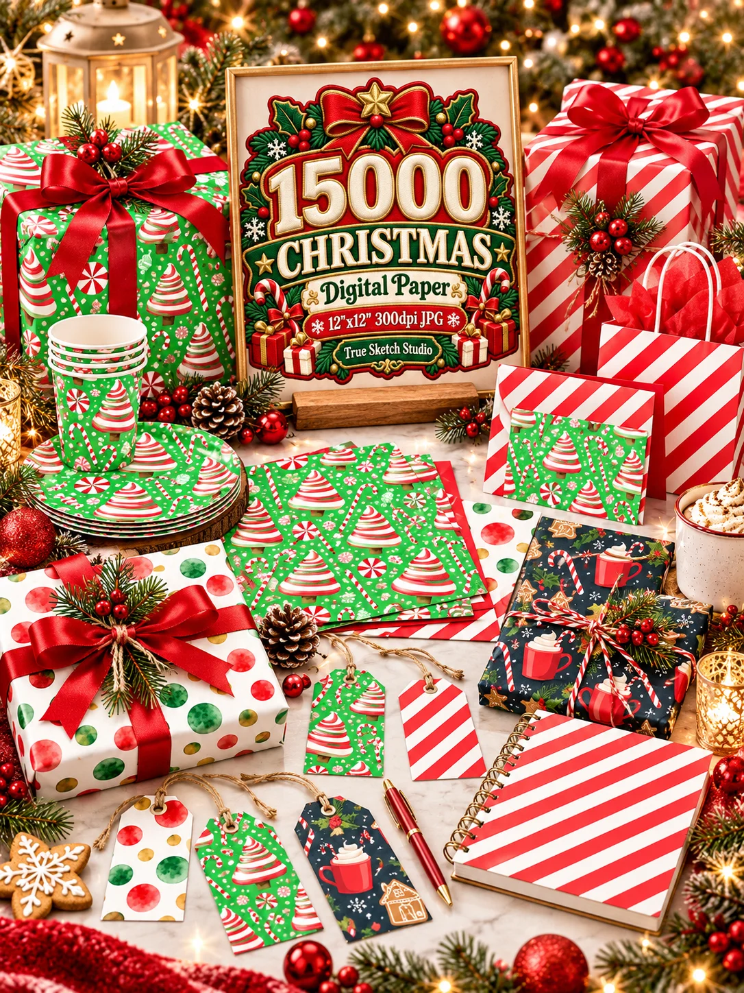 15000 Christmas Digital Paper Bundle, 12x12 JPG, Holiday Scrapbook Paper, Xmas Backgrounds, Printable Pattern Mega Bundle product image (6)