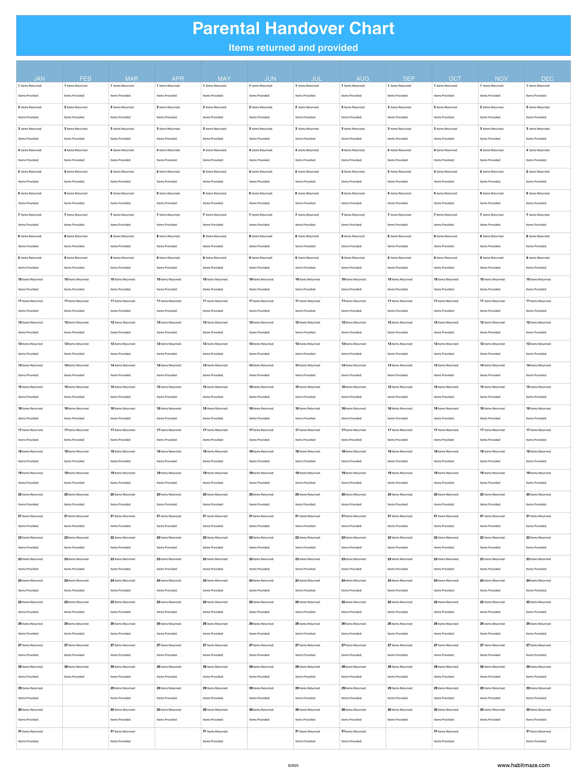 Parental Handover Chart ( 1 Year ) product image (1)