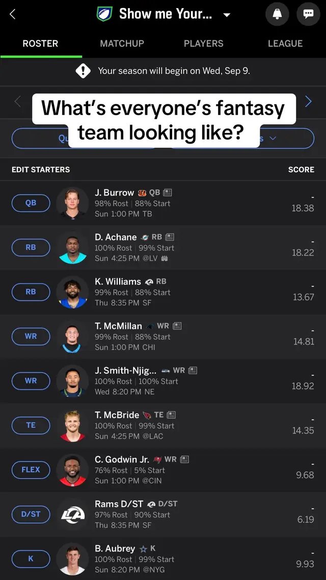 What’s everyone’s fantasy team looking like??? #footballtiktok #fantasyfootball #team #lfg 
