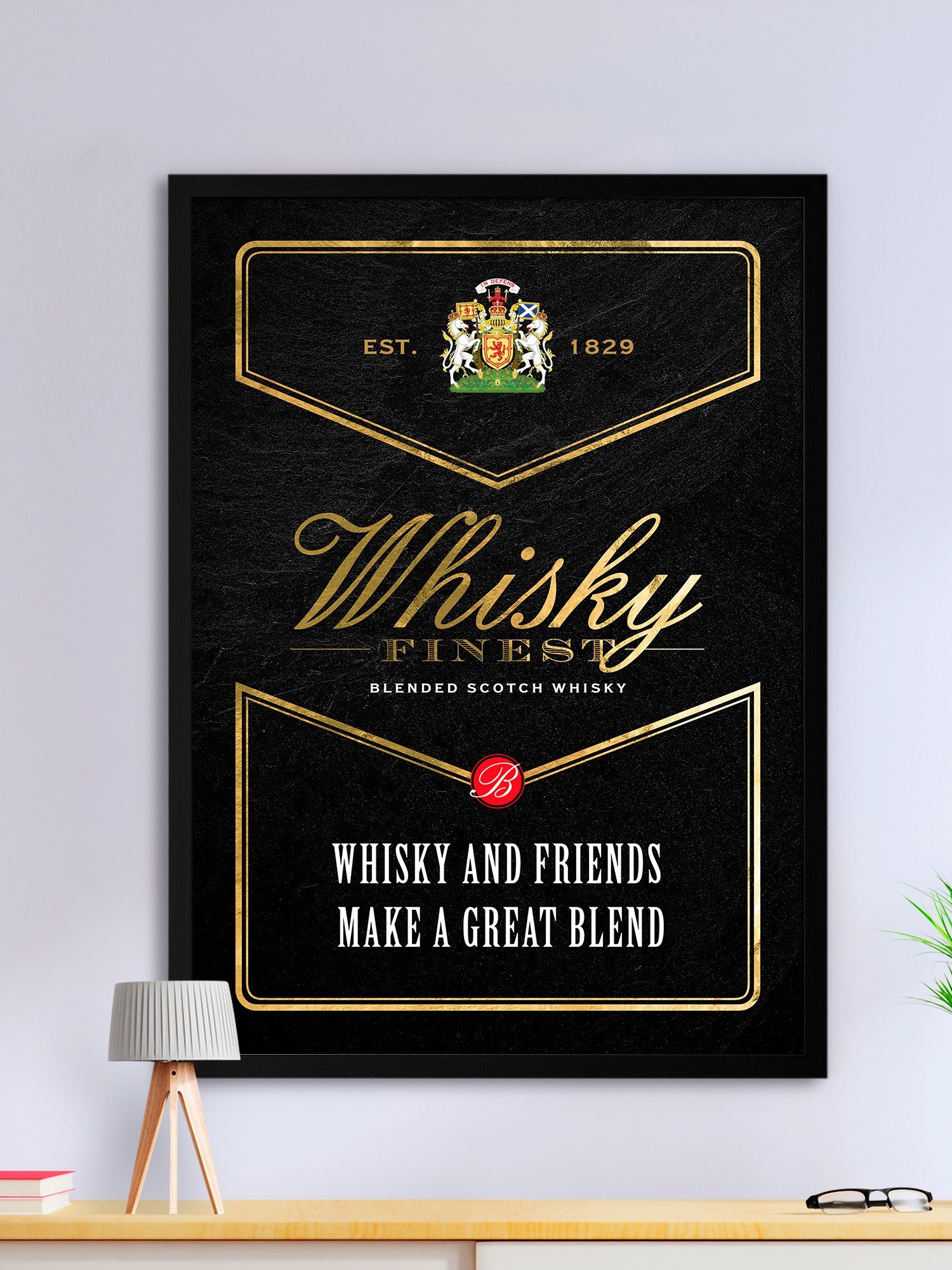 Whisky and friends make a great blend / Ballantine's Finest — Whiskey gold blackboard with quote product image (1)