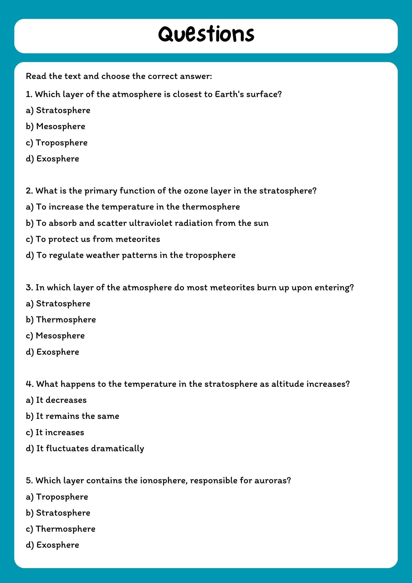 Layers of the Atmosphere Reading Passage with Comprehension Questions product image (2)