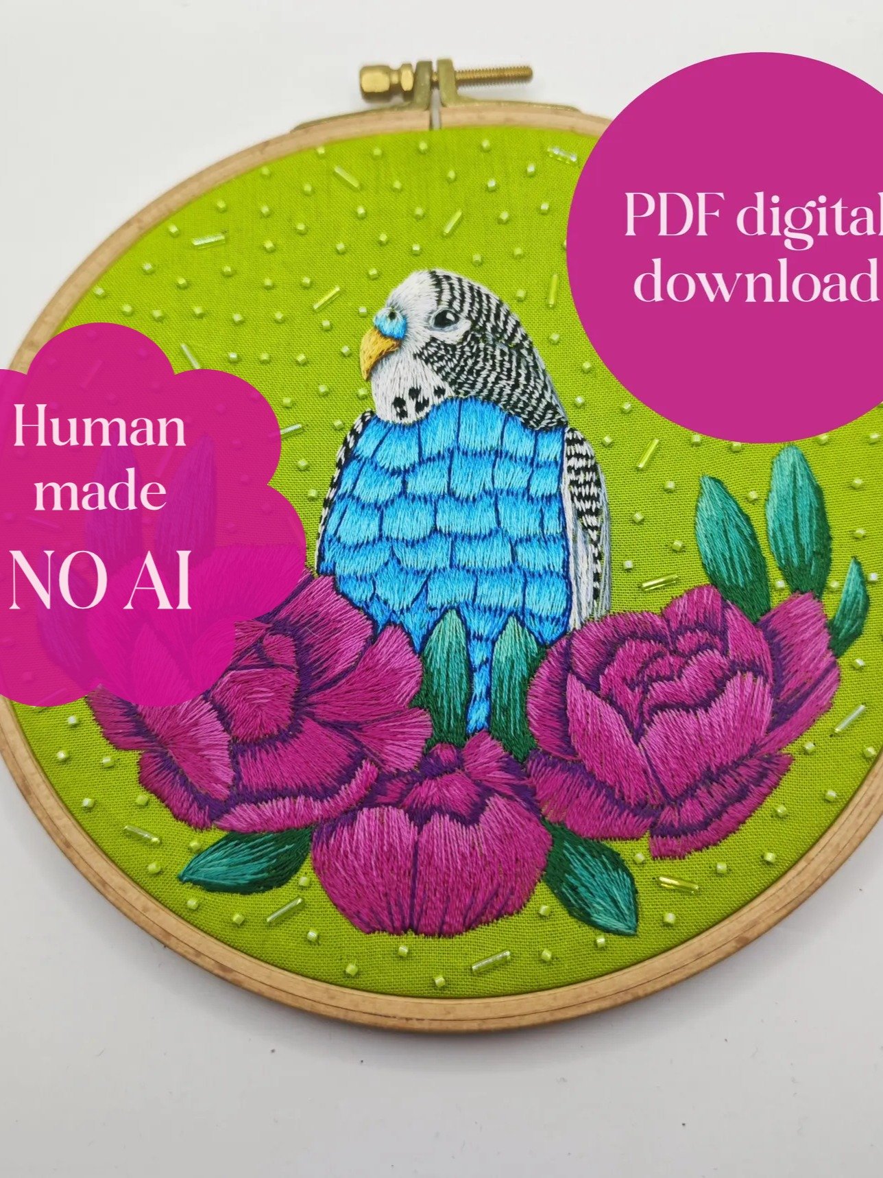 A Bouquet of Budgie PDF digital thread painting pattern product image (1)