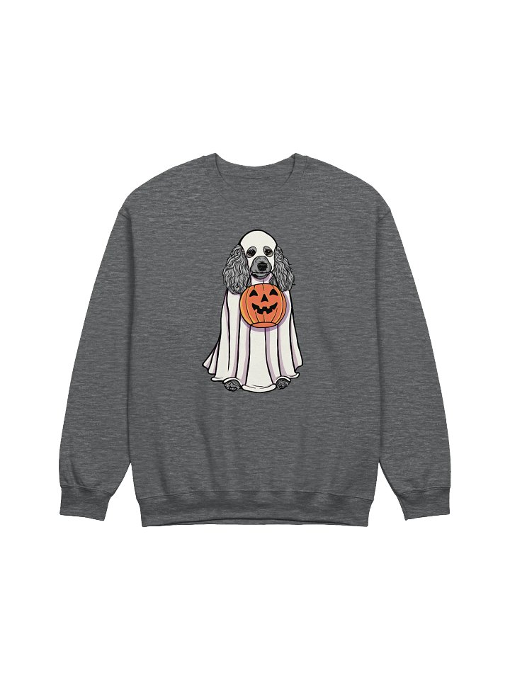 Funny Halloween Poodle(Silver) Sweatshirt | Funny Papillon Wearing a Ghost Costume and Holding a Pumpkin Basket product image (1)