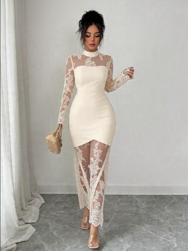 Elenzga New Elegant Sexy Lace Hollow-Out Long Sleeve Dress, Waist Cinched Bodycon Fit High-End Quality Stretchy Mermaid Hem Evening Gown product image (6)