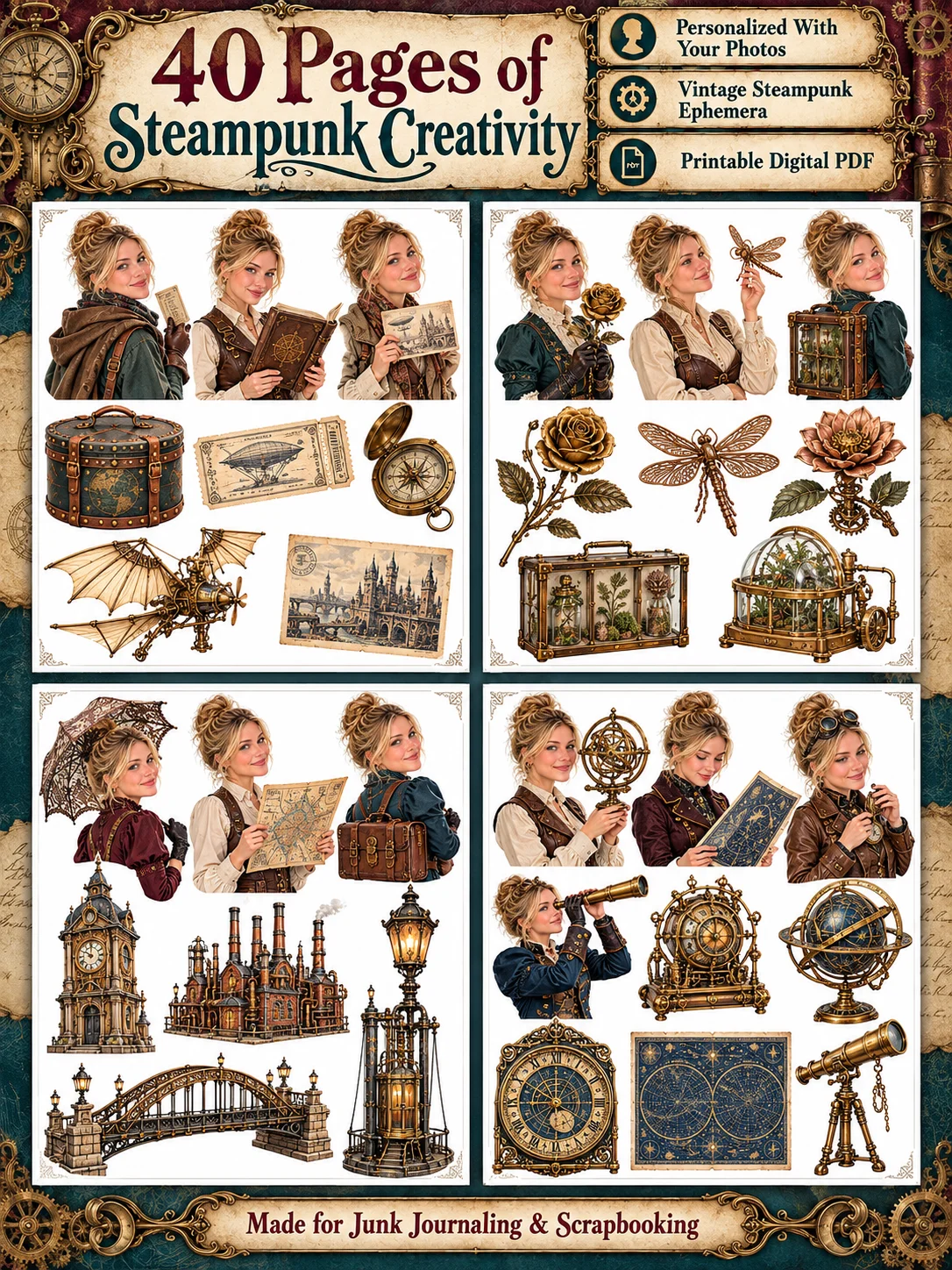 Personalized Steampunk Ephemera for Junk Journals: 40 Printable PDF Pages of Victorian Clockwork Portraits, Brass Gadgets and Mechanical Wonders for Scrapbooking and Mixed Media product image (2)