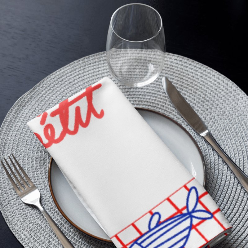 Bon Appétit Cloth Napkin Set | 4-Pack 20"x20" Soft Broadcloth Napkins | French Bistro Fish Design | Red and Blue Table Decor product image (1)