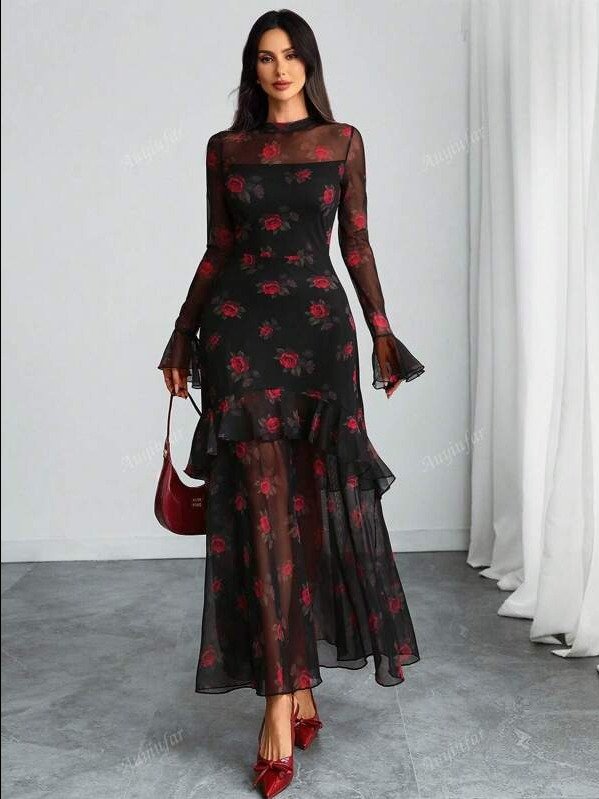 ADLEST Women's Gothic Elegant Mesh Splicing Dress – Colorful Print, Retro Petal Sleeves, Ruffle Mermaid Hem product image (1)