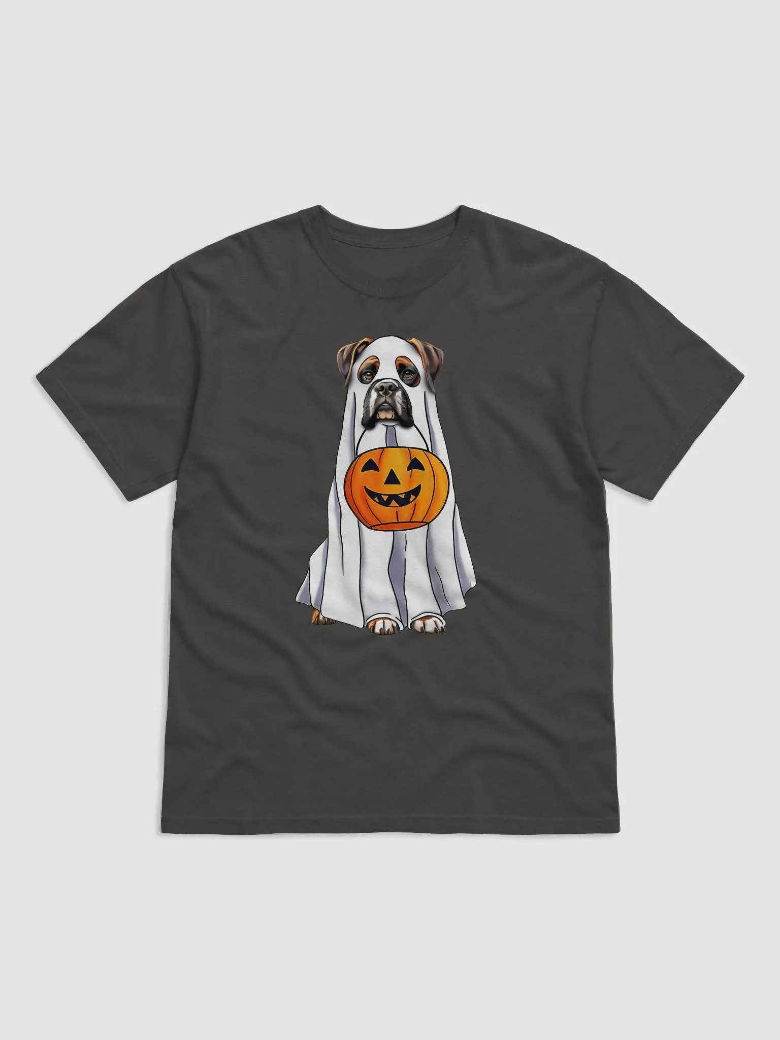 Boxer Dog Halloween Tee | Funny Fall and Halloween Boxer Wearing a Ghost Costume with Pumpkin Basket product image (1)