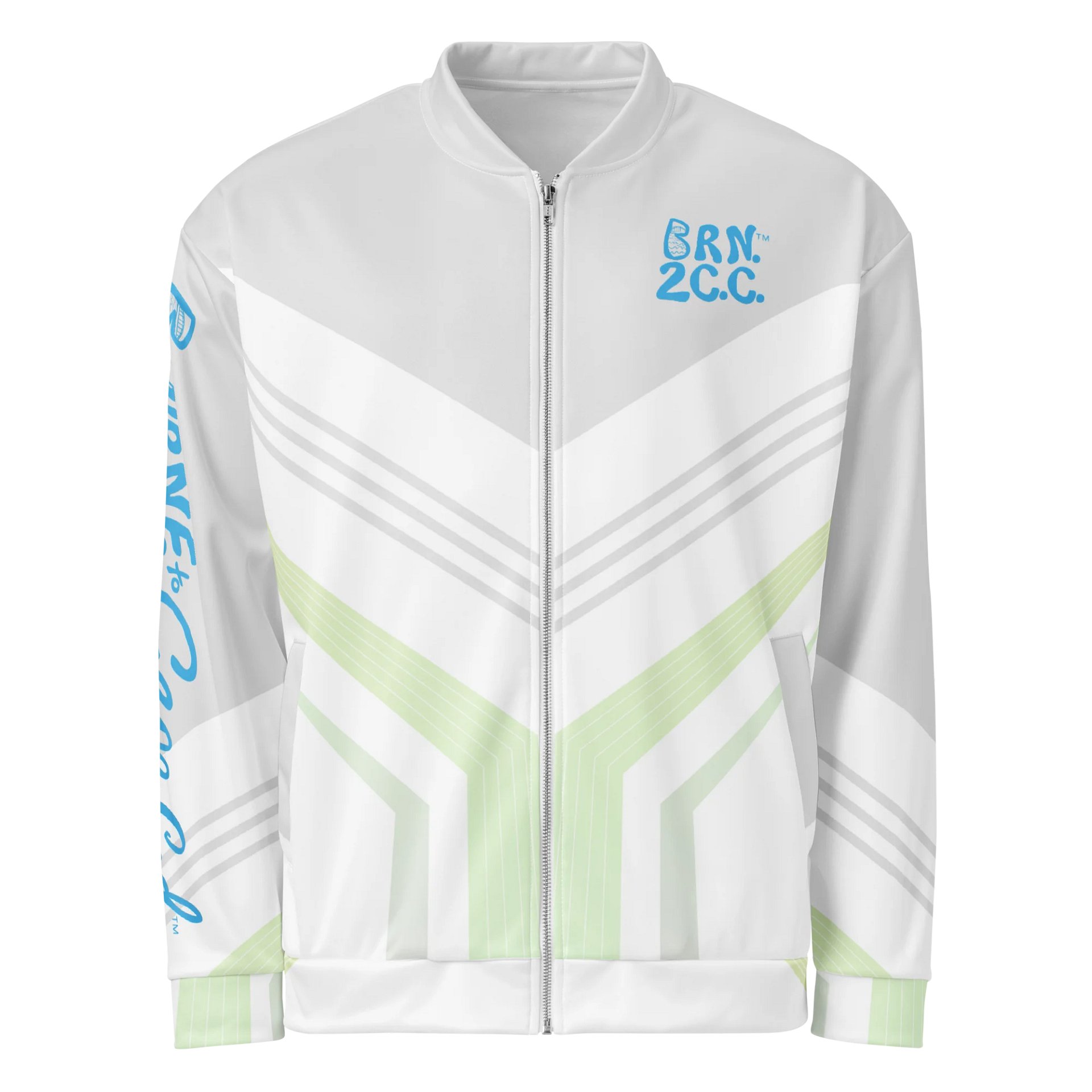 All-Over Print Bomber Jacket | Coastal Cool, City Bold | BOURNE to Cape Cod™ + BRN.2C.C.™ Style | Deep Sky Blue Logos on Preppy Geometrics product image (1)
