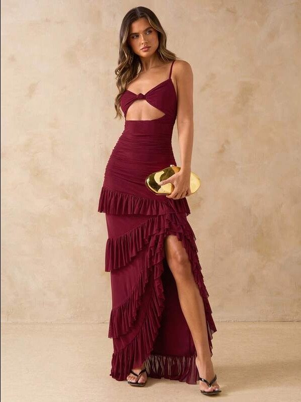 Women's Solid Color Wine Red High Slit Backless Ruffle Hem Mesh Dress, Suitable For Beach Vacation, Date, Brunch, Wedding Guest Wear, Spring/Summer Party Dresses For Women product image (1)