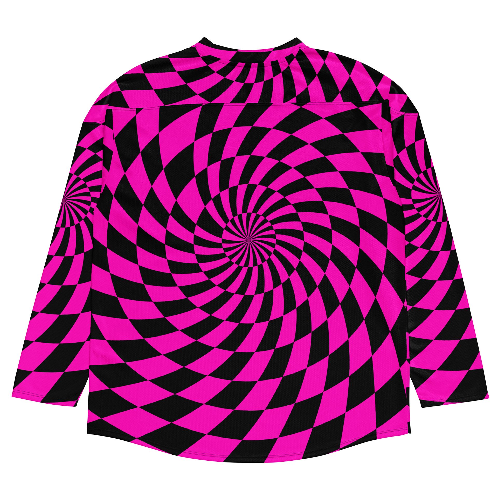 Psychedelic Rave EDM Hockey Jersey, Hot Pink Black Checkers Swirl Shirt, Trippy Techno Top Festival Fashion, Comfy Dance Party Clothing product image (3)