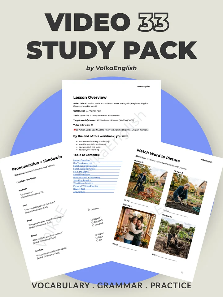 50 Action Verbs You NEED to Know in English | Beginner English (Comprehensible Input) - Video 33 Study Pack product image (1)