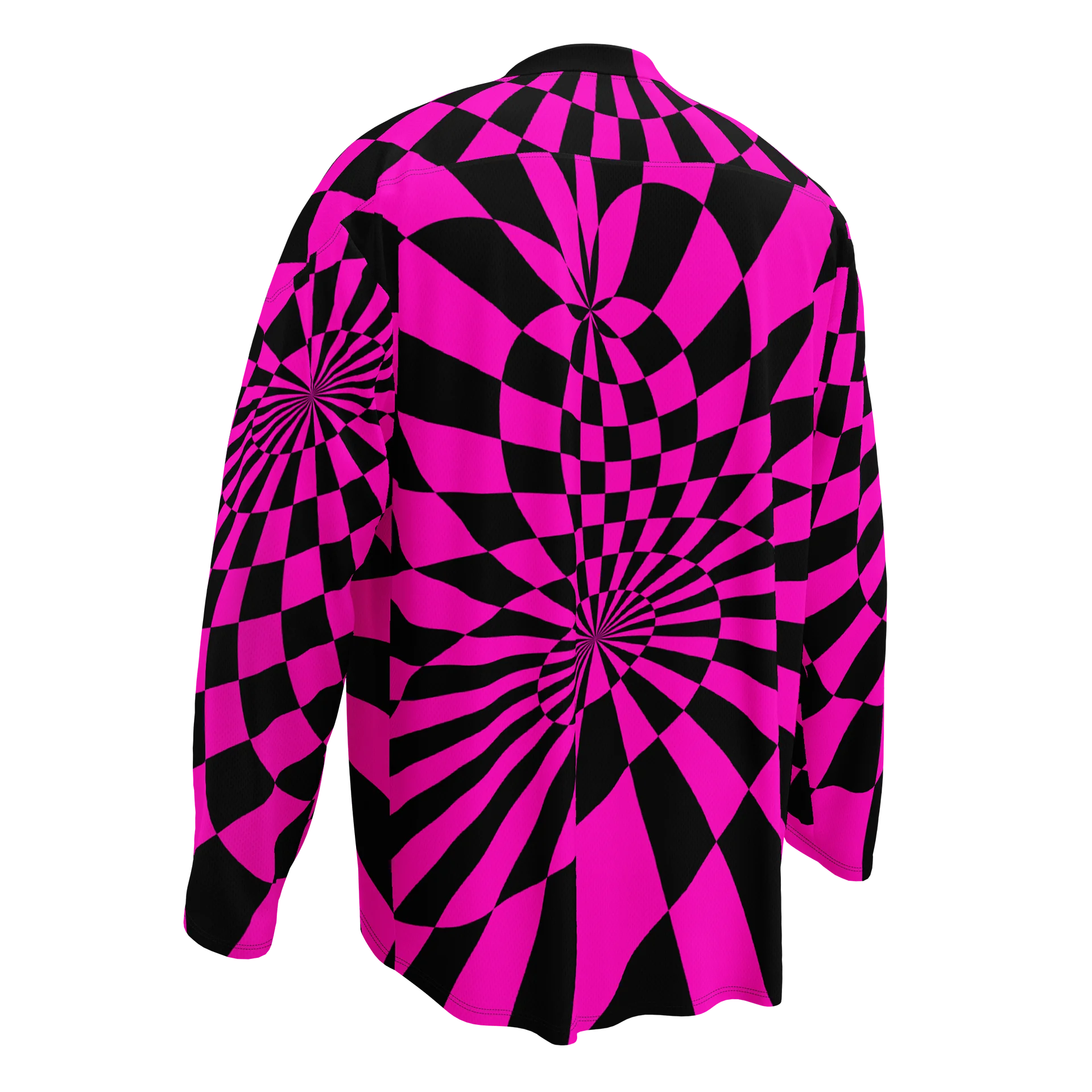 Trippy Techno Rave Hockey Jersey, Original Art EDM Shirt, Psychedelic Checkers Retro Top, Twisted Neon Pink Black Comfy Alternative Clothing product image (3)