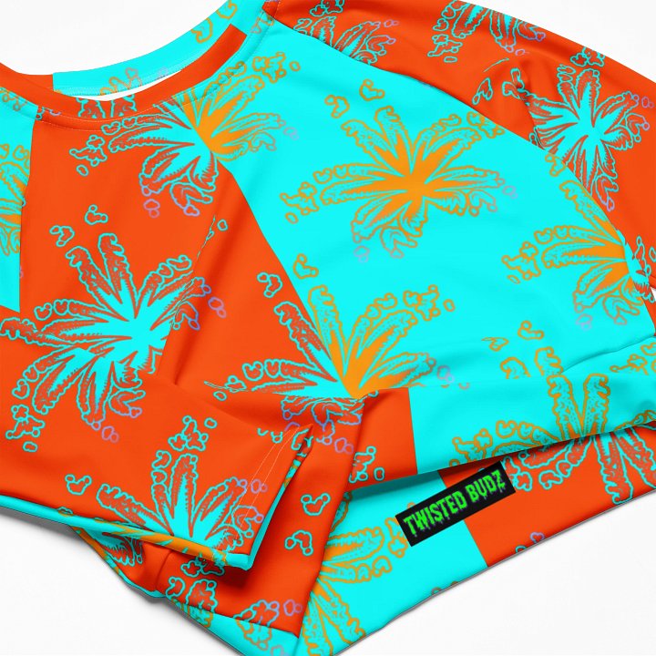 Cannabis Beach Recycled Long-Sleeve Crop Top, Summertime Stoner Twisted Circus Stripes Shirt, Orange Aqua Blue Weed Leaf Pattern Clothing product image (2)